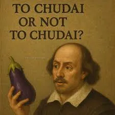 chudai_or_not - Indo Archive Ilustrasi parodi William Shakespeare memegang terong dengan teks "To Chudai or Not to Chudai?", menggambarkan fenomena istilah chudai di internet secara humoris.