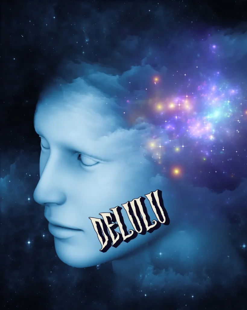 delulu-art - Indo Archive Ilustrasi konsep delulu dengan wajah manusia biru yang menyatu dengan galaksi dan teks "DELULU", menggambarkan khayalan atau fantasi berlebihan khas fans K-pop.
