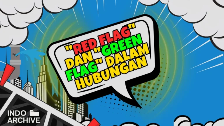 Ilustrasi pasangan berdiskusi dengan simbol red flag dan green flag dalam hubungan romantis